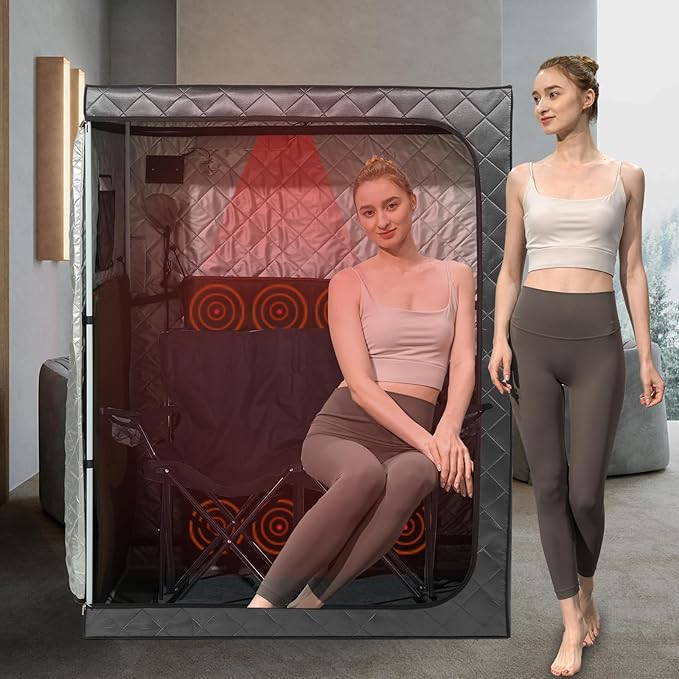 Smartmak Full Size Portable Sauna, Large Two Person Home Dry Saunas SPA with Time & Temperature Remote Control, 2 Seat Folding Chair, Light, Oversized Personal Sauna Box Privacy Tent Indoor Use, Grey