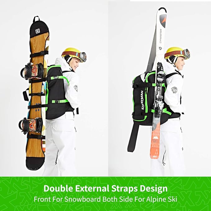 XCMAN Ski Snowboard Backpack 50L Flying Air Travel Bag Stores Helmet, Alpine ski & Snowboard Boots,Goggles, Gloves, Clothes,External Hanging Storage Alpine Ski and Snowboard,USB Charging Port, Green