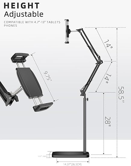 BluuSuuk Tablet Floor Stand with 5Kg Stable Base - Adjustable Height Stretchable Arm Swivel Holder Mount, Compatible with iPad Pro Air Mini 12.9/9.7, Kindle, Galaxy Tab, Cell Phones (4.7''-13'')