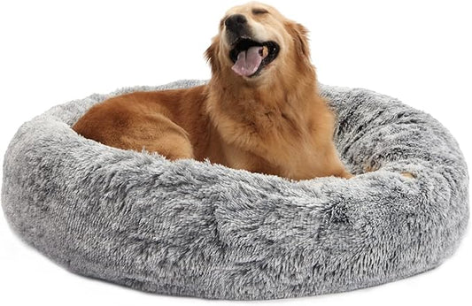 Bedfolks Calming Donut Dog Bed for Extra Large Dogs, 45 Inch Round Plush Bed with Non-Slip Bottom (Dark Grey, Extra Large)