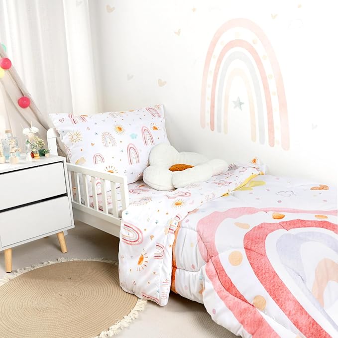 CARUILI 4 Piece Toddler Bedding Set for Girls, Boho Rainbow Toddler Bed Comforter Set, Ultra Soft & Breathable Kids Bedding Includes Quilted Comforter, Flat Sheet, Fitted Sheet, Pillowcases, Pink