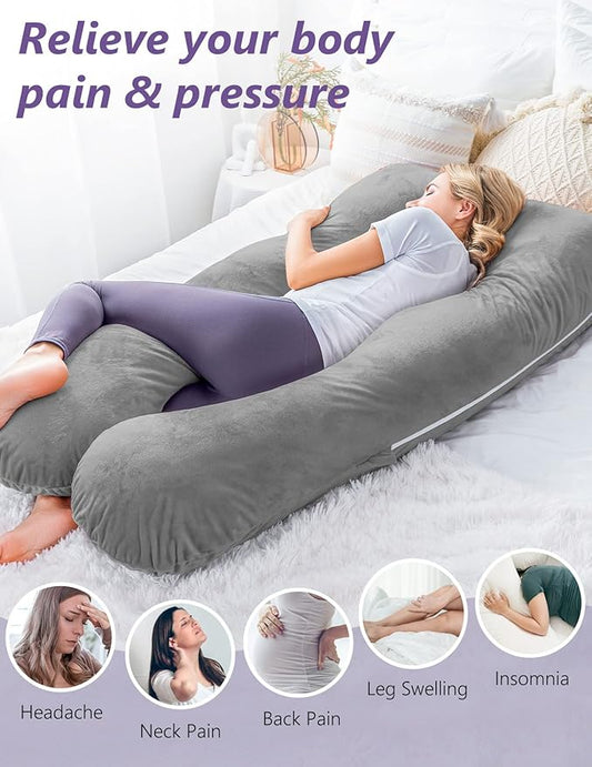 Unique U-Shaped Pregnancy Pillow - Full Body Maternity Pillow for Side Sleeping - Come With Easy on-off Zippered Velour Cover (Grey)