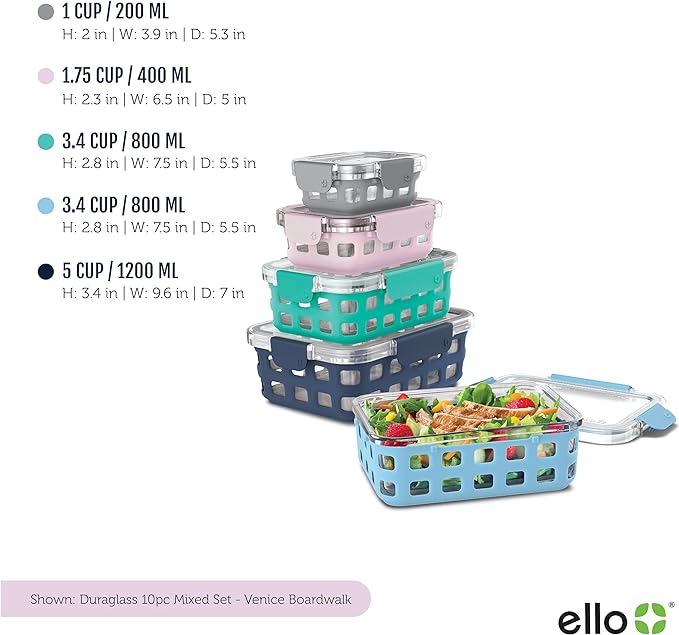 Ello Duraglass Mixed Meal Prep Sets Leak-Proof Glass Food Storage Containers with Silicone Sleeves and Airtight BPA-Free Lids, Dishwasher, Microwave, and Freezer Safe