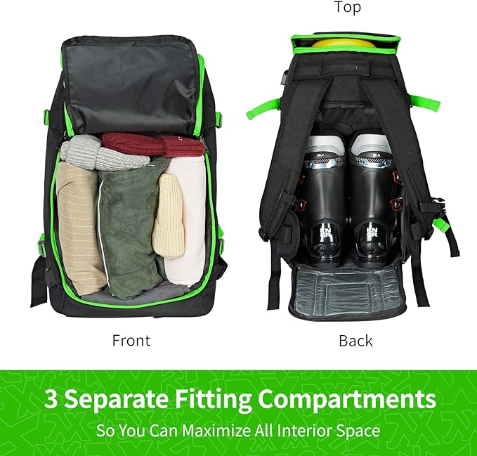 XCMAN Ski Snowboard Backpack 50L Flying Air Travel Bag Stores Helmet, Alpine ski & Snowboard Boots,Goggles, Gloves, Clothes,External Hanging Storage Alpine Ski and Snowboard,USB Charging Port, Green