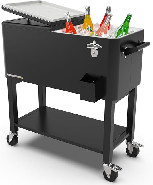 Permasteel 80-Qt Classic Outdoor Patio Cooler for Outside, Outdoor Beverage Cooler Bar Cart, Rolling Cooler with Wheels & Handles, Retro Design, Black 63517
