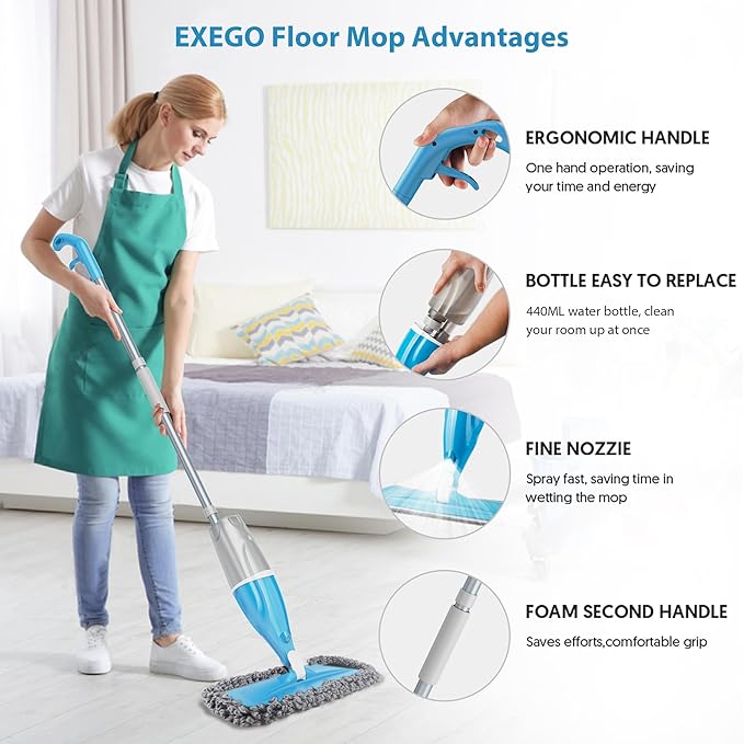Microfiber Spray Floor Mops for Floors Cleaning- Hardowod Floor Mops with 440ML Refillable Bottles,3 Washable Mop Pads and 1 Scraper Dust Wet Mop for Laminate,Hardwood,Ceramic