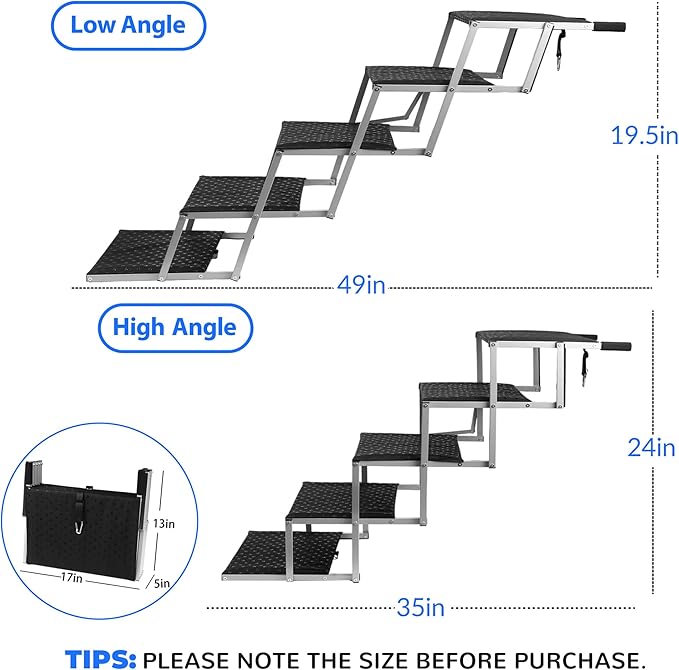 Niubya Dog Ramps for Cars, Portable Folding Dog Stairs for Cars, SUV, Trucks, Lightweight Pet Ramp for Large Dogs with Non-Slip Surface, Reinforced Dogs Steps Supports Up to 200 lb, 5 Steps