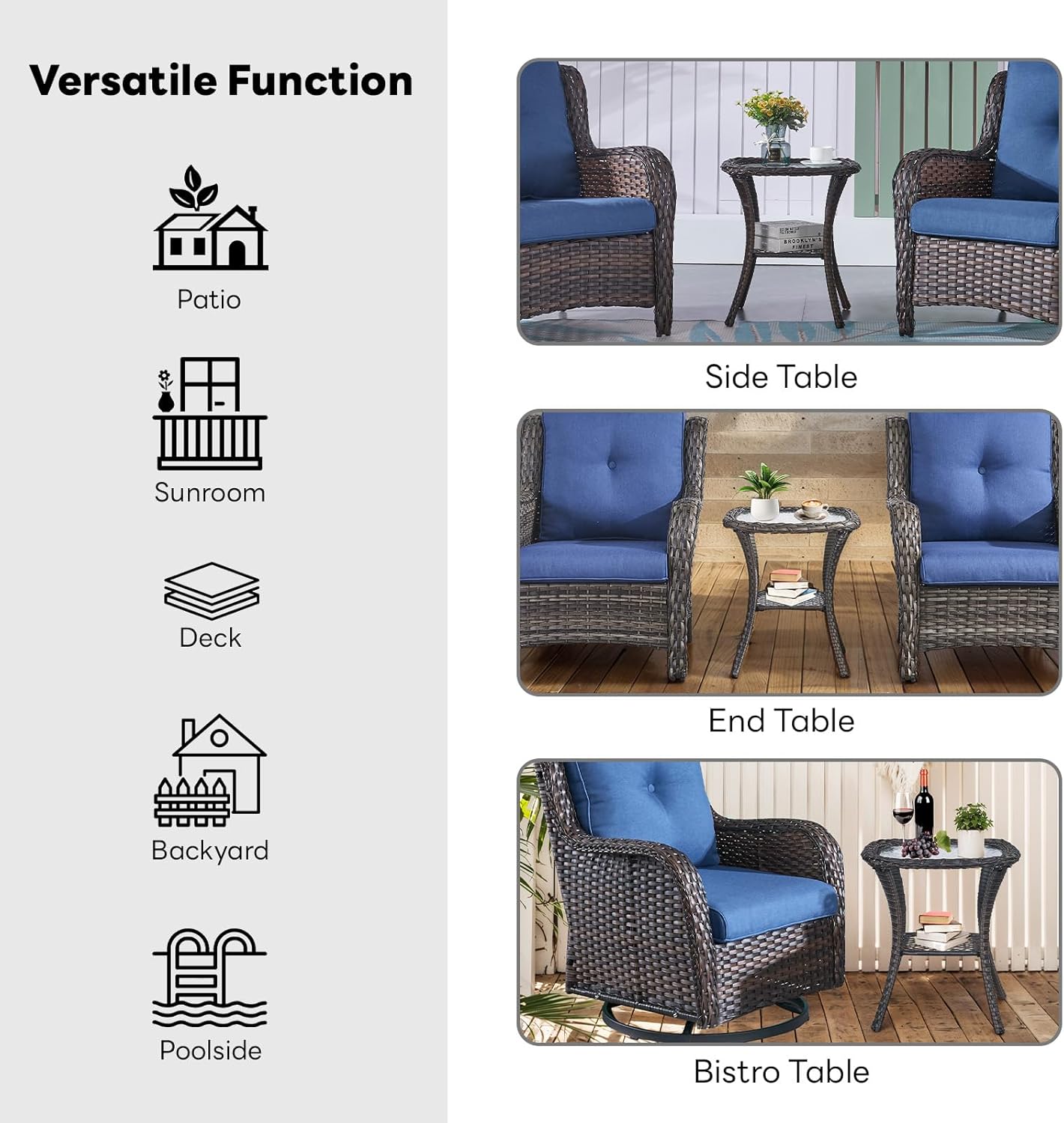 Belord Rattan Patio Side Table, 2 Tier Hand Woven Wicker Bistro Table, 5 mm Frost Glass Top Square Table, Brown Wicker