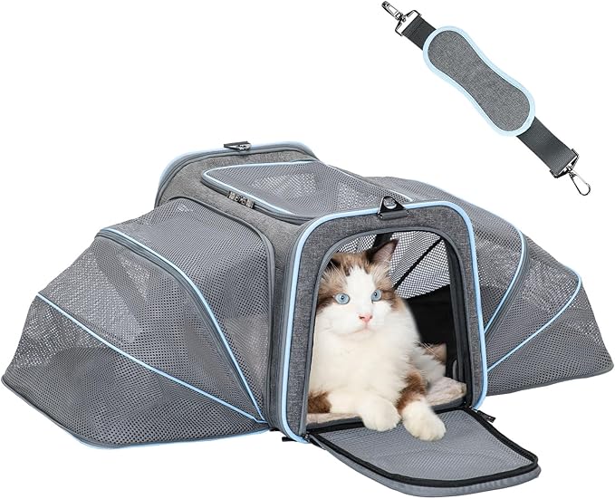 Petsfit Expandable Cat Carrier Dog Carrier,Airline Approved Soft-Sided Portable Pet Travel Washable Carrier for Kittens,Puppies,Removable Soft Plush mat and Pockets,Locking Safety Zippers