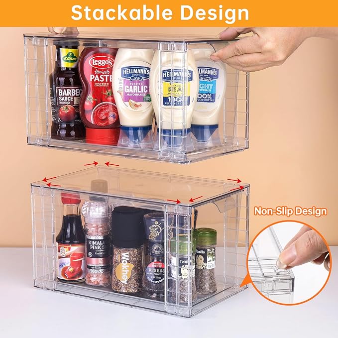 Zero Zoo 4Pack Large Stackable Kitchen Storage Drawers, Clear Foods Organizer Bins with Handles, Easily Assemble for Bathroom, Kitchen, Pantry, Cabinet, Closet (Up Handled)