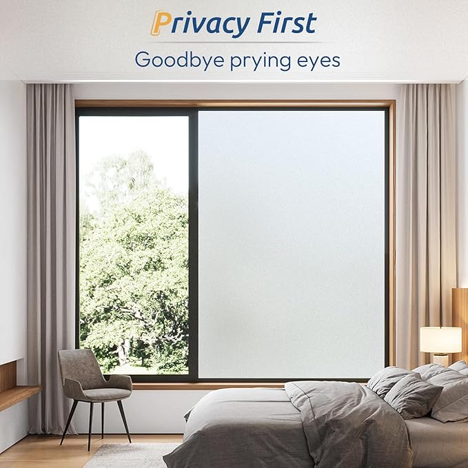 rabbitgoo Window Films for Privacy, Static Cling Frosted Glass Sticker, Non-Adhesive Privacy Film Sun Blocking Window Covering Frosting Vinyl Bathroom Sliding Glass Door, 90 x 400cm, Pure Frosted