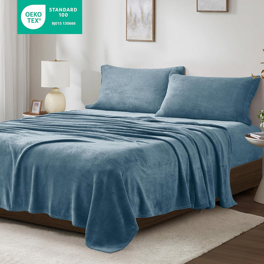 True North by Sleep Philosophy Plush Sheet Set King, Solid Color, Warm & Soft Bedding King Size Sheets, Fitted Pocket Fits Up to 16" Mattress, Soloft, King, Blue, 4 Piece