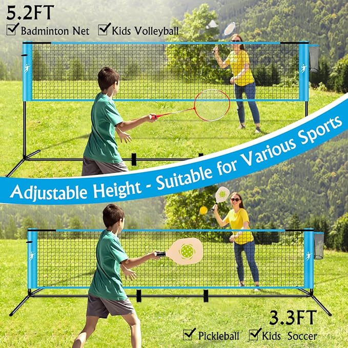 KIKILIVE Portable Badminton Net Set & Pickleball Net Set, 3/5FT Adjustable Height, with Volleyball & Pickleball Paddles & Badminton Rackets, for for Tennis Soccer Volleyball Indoor Outdoor Games