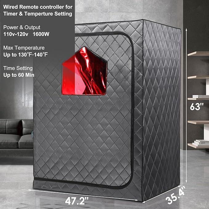 Smartmak Full Size Portable Sauna, Large Two Person Home Dry Saunas SPA with Time & Temperature Remote Control, 2 Seat Folding Chair, Light, Oversized Personal Sauna Box Privacy Tent Indoor Use, Grey