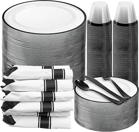 350Pcs Plastic Dinnerware Set, Disposable Dinnerware Party Set for 50 Guests, Include 50 Dinner Plates, 50 Dessert Plates, 50 Cups, 50 Napkins, 50 Spoons, Forks and Knives(Black)
