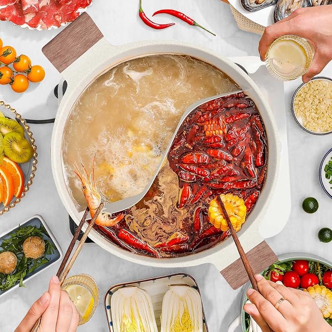 Dezin Double-Flavor Hot Pot With Divider, 5-QT Nonstick Shabu Shabu, 12 Inch Dual Sided Hotpot, Divided Cooking Pot for Induction Cooktop, Gas Stove & Hot Burner