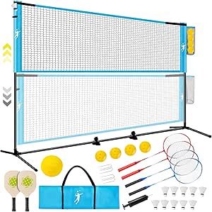 KIKILIVE Portable Badminton Net Set & Pickleball Net Set, 3/5FT Adjustable Height, with Volleyball & Pickleball Paddles & Badminton Rackets, for for Tennis Soccer Volleyball Indoor Outdoor Games
