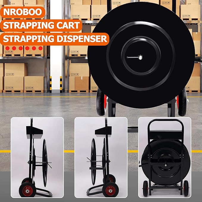 Nroboo Banding Cart Strapping Dispenser for Poly/Plastic Steel/Fibre Strapping with 8" or 16" Core Size, Moveable Heavy Duty Banding Strapping Cart Deluxe Strapping Dispenser with Built-in Tray