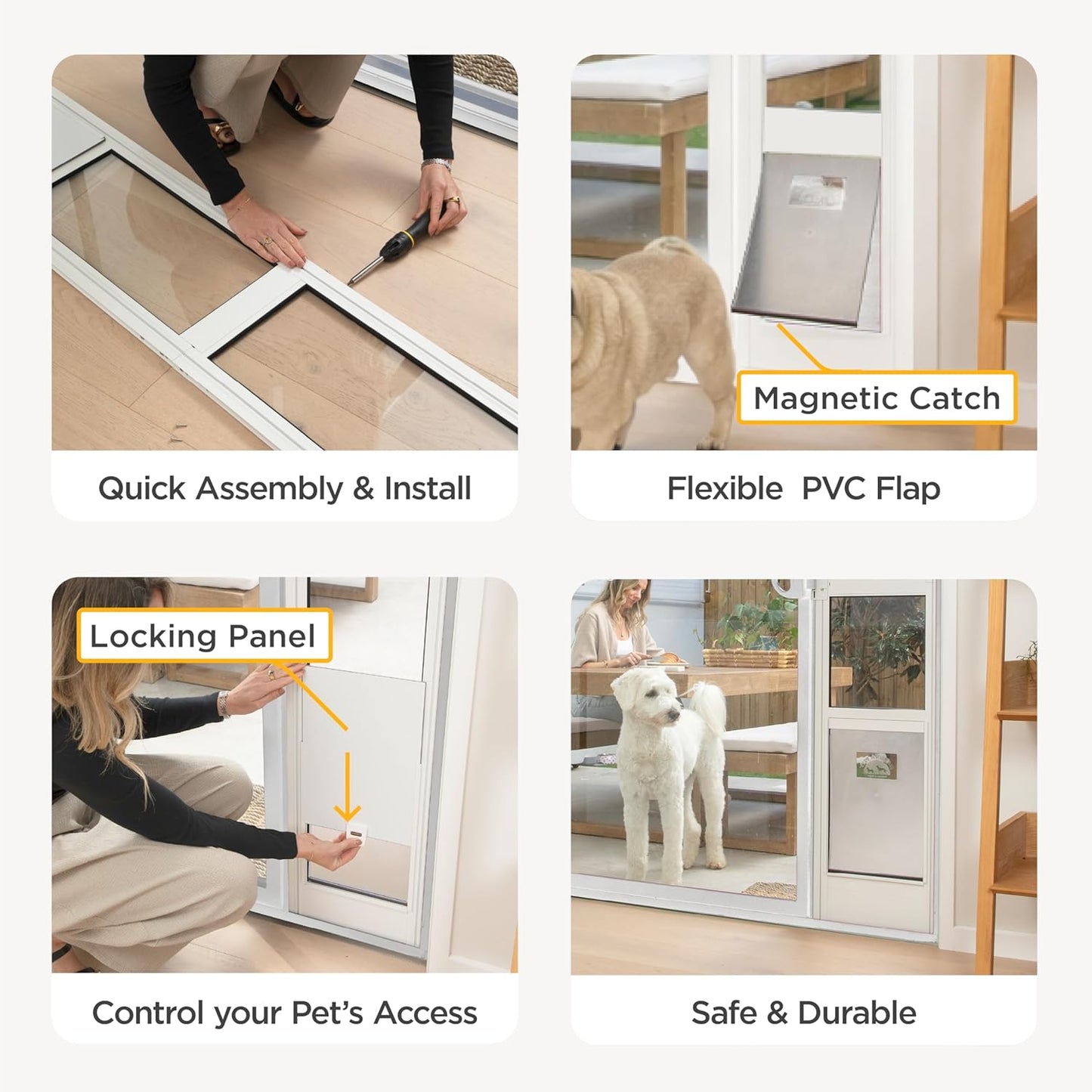 Hakuna Pets White Glass Patio Pet Door for Sliding Glass Doors, Large | Adjustable Height 77.2” – 83.5”, Damage-Free or Permanent Installation, Durable Aluminum Frame, Locking Panel Included