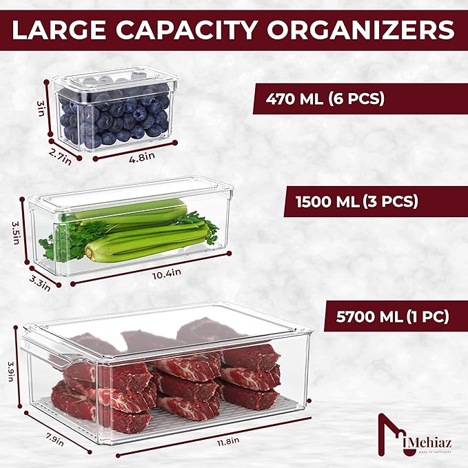 Clear Plastic Pantry Organizer Bins, Freezer Organizers Kitchen Storage and Organization for Fruits, Vegetable (9pack)