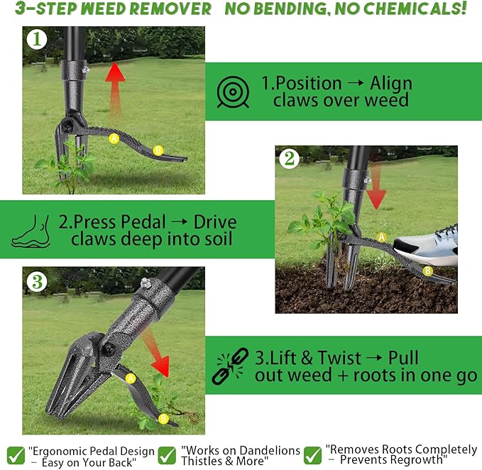 Signstek Stand Up Weed Puller, Heavy Duty Weeding Tool with 4 Claw Steel Head, Metal Long Handle Weeder Tool, Manual Weed Remover for Patio Garden and Lawn, Without Bending, or Kneeling