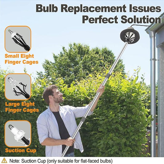 Light Bulb Changer for High Ceilings, 12ft Pole with Suction Cup & 8-Finger Basket, Recessed Light Bulb Remover Tool, Gigh Ceiling Light Bulb Changer, No Ladder Needed