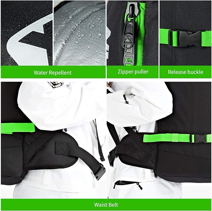 XCMAN Ski Snowboard Backpack 50L Flying Air Travel Bag Stores Helmet, Alpine ski & Snowboard Boots,Goggles, Gloves, Clothes,External Hanging Storage Alpine Ski and Snowboard,USB Charging Port, Green