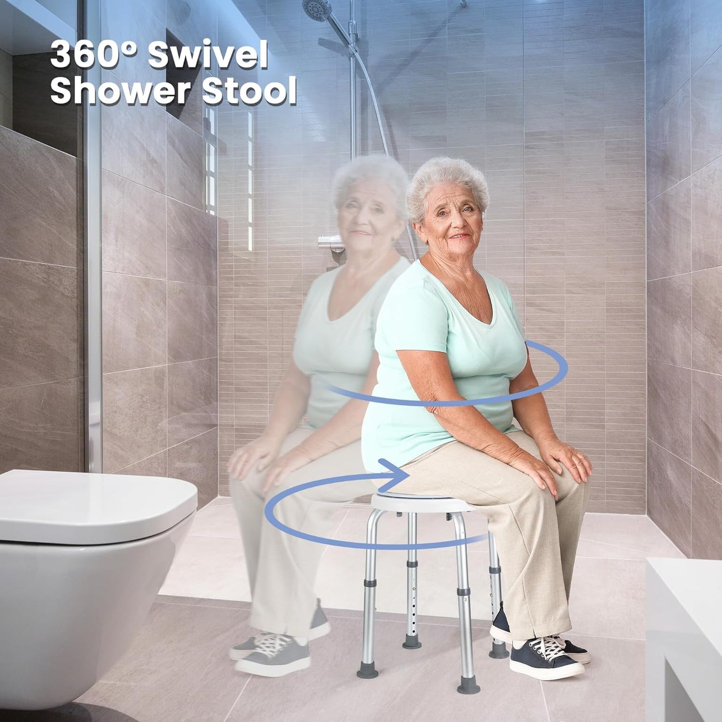 Careboda Swivel Shower Chair for Inside Shower, Adjustable Swivel Shower Stool with Upgraded Stainless Steel, Tool-Free Assembly, 8 Adjustable Heights for Seniors, Elderly, Pregnant and Disabled