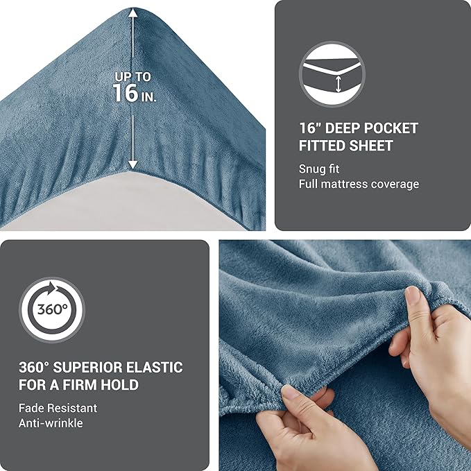 True North by Sleep Philosophy Plush Sheet Set King, Solid Color, Warm & Soft Bedding King Size Sheets, Fitted Pocket Fits Up to 16" Mattress, Soloft, King, Blue, 4 Piece