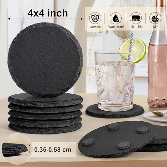 MAPRIAL 5 Pieces Slate Coasters, 4 Inch Round Coasters for Drinks Black Stone Coasters Bulk Rustic Coasters Set with Anti-Scratch Backing for Bar, Housewarming Gifts, DIY, Home Decor, Table, Cup