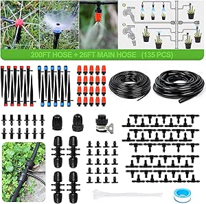 MIXC 226FT Greenhouse Micro Drip Irrigation Kit, Automatic Patio Plant Watering System with 1/4" & 1/2" Tubing, Adjustable Nozzles & Emitters for Garden, Greenhouse, Lawn, Potted Plants