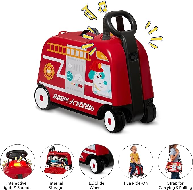 Radio Flyer 3-in-1 Happy Trav'ler Fire Truck with Lights & Sounds Ride on Toy, Toddler Carry-On Storage, Ages 2-5 Years