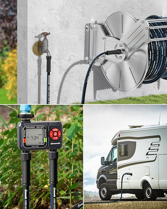 DEWENWILS Garden Hose 100 ft x 5/8", Hybrid Water Hose with Rotate Handle, Heavy Duty, Lightweight, Flexible Hose for Plants, Car, Yard, 3/4 Inch Solid Fittings, Drinking Water Safe, Black