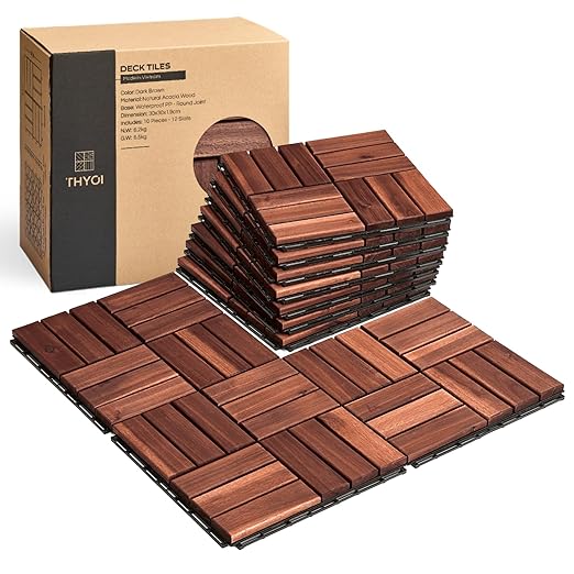 10 Pcs Premium Deck Tiles, Interlocking Deck Tile, Wooden Patio Flooring Outdoor Waterproof, Acacia Wood Decking All Weather for Balcony, Indoor and Outdoor Use (Dark Brown, Square Joints)
