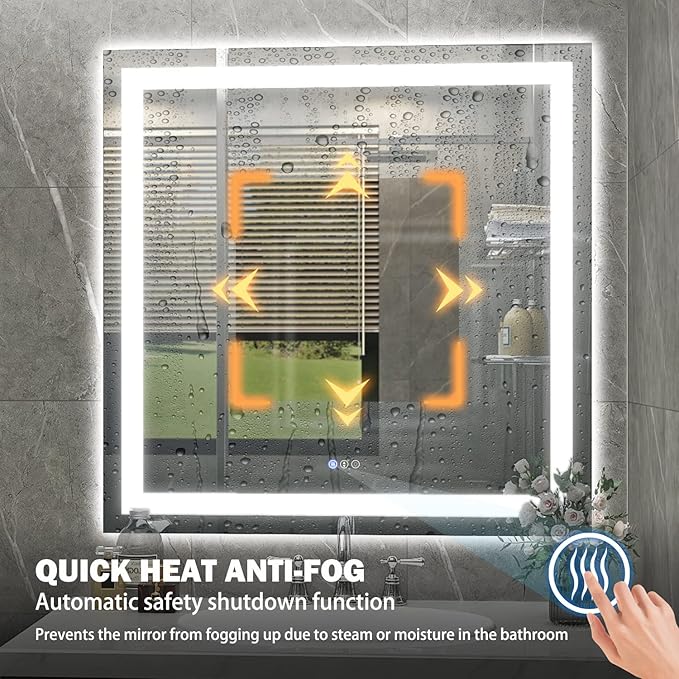 38''x39'' LED Bathroom Mirror with Front + Backlit, Tempered Glass Bathroom Mirror with Lights, Anti-Fog