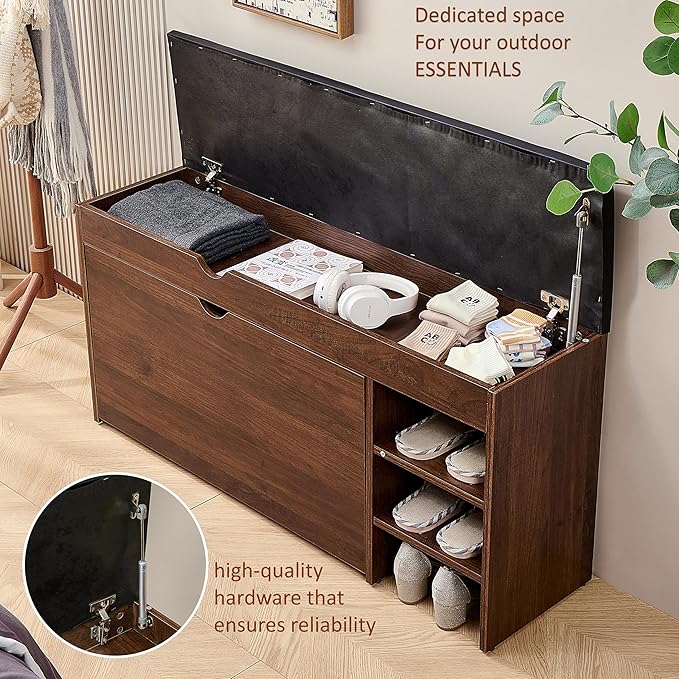 Homeiz 3-Tier Shoe Rack Bench: 110 CM Wide Shoe Storage Bench Features Roll Out Rack, Comfortable Black Faux Leather Seat, with Spacious Sock Compartment, Shoe Bench for The Entryway (NPSR87)