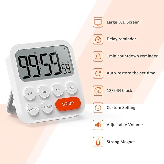 LIORQUE Kitchen Timer for Cooking Digital Magnetic Timer Clock with Large LCD Display 3 Levels Volume, Digital Timer for Kids Classroom Teacher