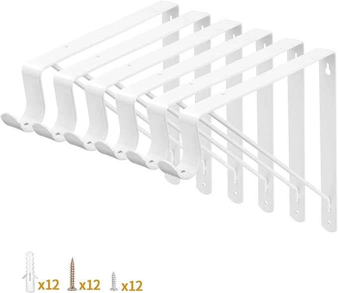 Yarssihha 6 Pack Closet Rod Bracket, 12 x 10.4 Inch Wall Mounted Closet Shelf Bracket, White Closet Rod Support Bracket with Screws
