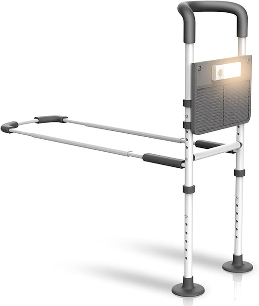 Bed Rails for Seniors - with Motion Light & Storage Pouch, Bedside Assist Bar with Support Legs for Elderly & Surgery Patients - Medical Bed Assist Rails for Seniors