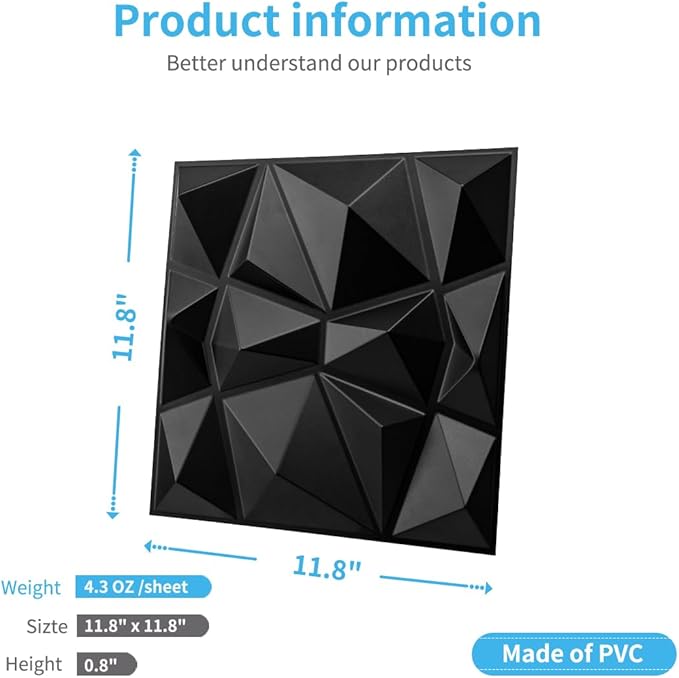 Art3d Decorative 3D Wall Panels in Diamond Design, 11.8"x11.8" Matt Black (33 Pack)