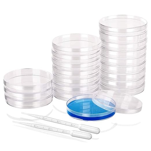 Plastic Petri Dishes 100 x 15mm 20 Pack Sterile Petri Dish Plates Set Comes with 10 Plastic Transfer Pipettes (3mm)