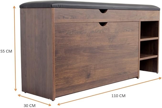 Homeiz 3-Tier Shoe Rack Bench: 110 CM Wide Shoe Storage Bench Features Roll Out Rack, Comfortable Black Faux Leather Seat, with Spacious Sock Compartment, Shoe Bench for The Entryway (NPSR87)