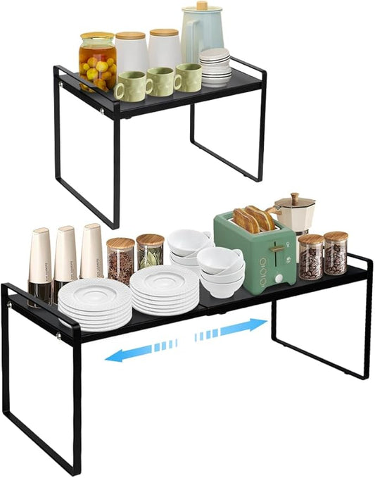 Expandable Cabinet Countertop Shelves, Kitchen Spice Rack Pantry Shelf, Adjustable Cupboard Organizer Storage Rack for Kitchen Bathroom Office (Black)