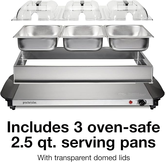 Proctor Silex Buffet Server & Food Warmer, Adjustable Heat, for Parties, Holidays and Entertaining, Three 2.5 Quart Oven-Safe Chafing Dish Set, Stainless Steel 63350