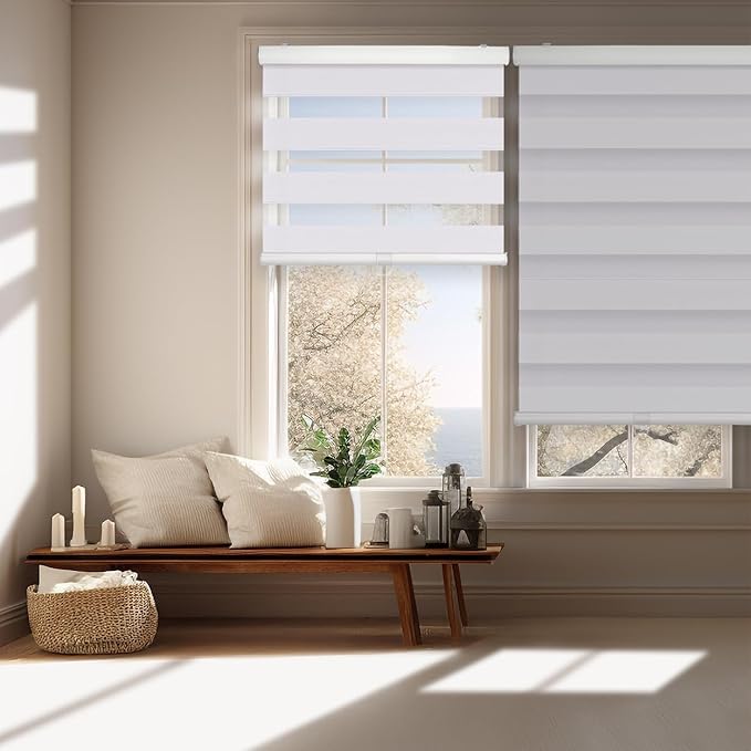 Standard Cordless Blackout Zebra Roller Shades and Blinds for Windows [Bonita, White, W46 x H64 inch(117W x 163H cm)] Dual Layer Sheer Room Darkening Day and Night,