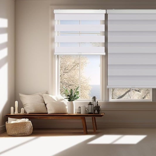 Standard Cordless Blackout Zebra Roller Shades and Blinds for Windows [Bonita, White, W46 x H64 inch(117W x 163H cm)] Dual Layer Sheer Room Darkening Day and Night,