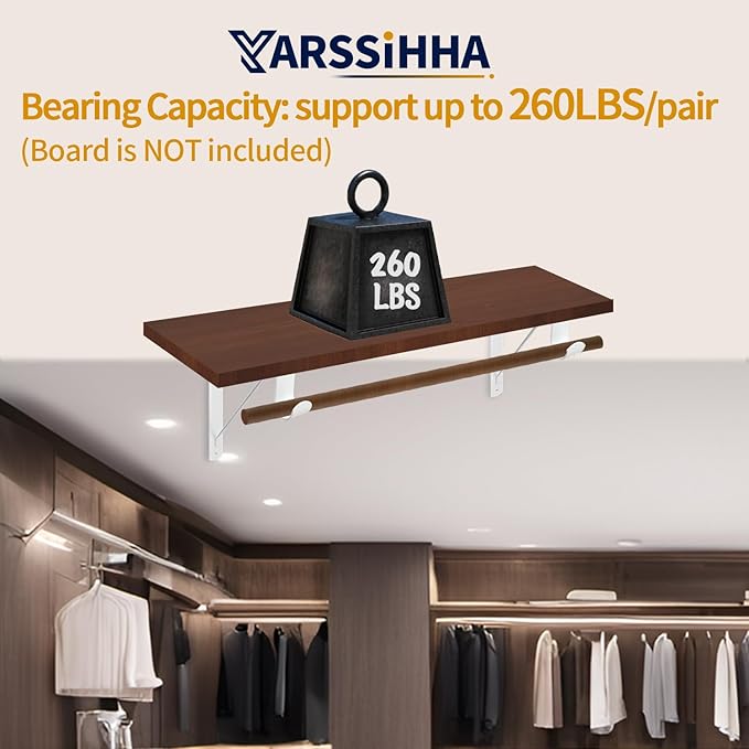 Yarssihha 6 Pack Closet Rod Bracket, 12 x 10.4 Inch Wall Mounted Closet Shelf Bracket, White Closet Rod Support Bracket with Screws