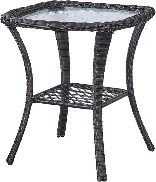 Belord Rattan Patio Side Table, 2 Tier Hand Woven Wicker Bistro Table, 5 mm Frost Glass Top Square Table, Brown Wicker
