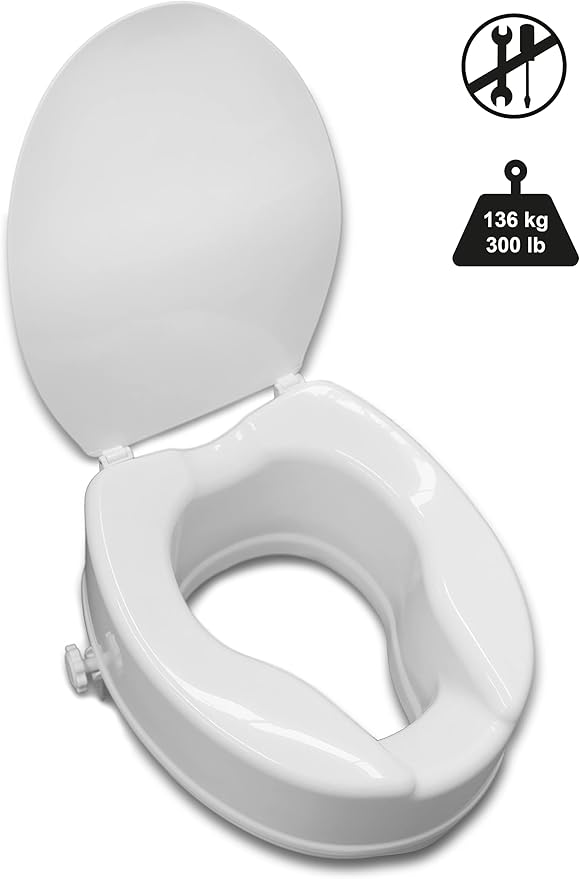 PEPE Mobility - Raised Toilet Seat 4 inch (Fits Round and Elongated up to 15"), Toilet Seat Riser for Seniors with Lid, 300 Pound Weight Capacity