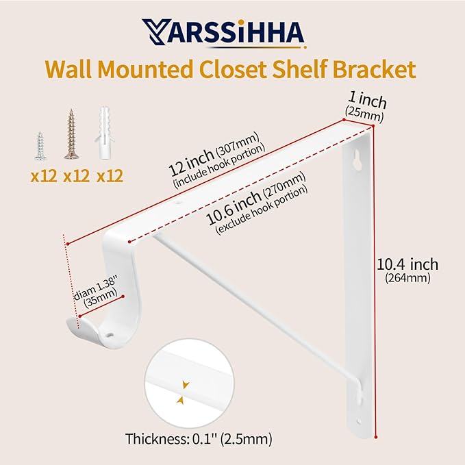 Yarssihha 6 Pack Closet Rod Bracket, 12 x 10.4 Inch Wall Mounted Closet Shelf Bracket, White Closet Rod Support Bracket with Screws